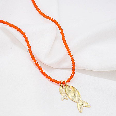 Chocker Cristais Laranja com Pingentes Peixes Texturizados