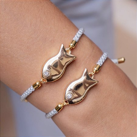 Pulseira Ajustável Cordão Torcido com Peixe Liso e Zircônia