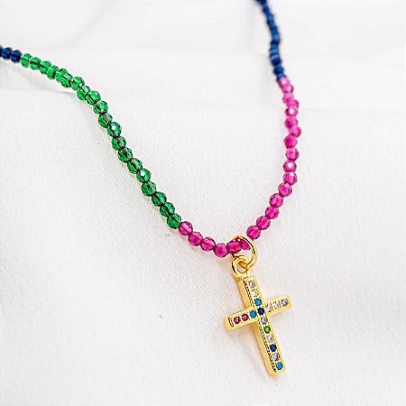 Choker Mini Cristais Coloridos Pingente Cruz banho de ouro amarelo