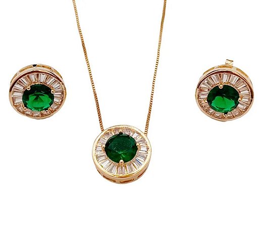 Conjunto Redondo Esmeralda. Brincos e Pingente com cravação zircônias.