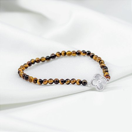 Pulseira Pedra Natural Olho de Tigre com Trevo Banho Prata 925