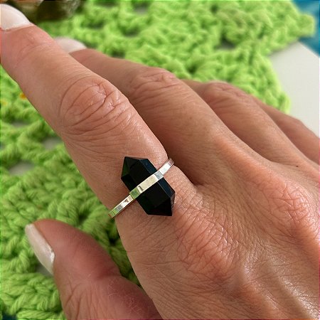 Anel Biponta obsidiana negra em Prata 925 , medida regulável