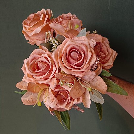 BUQUÊ ROSA E LIRIO C/9  29CM - CHÁ - 128677