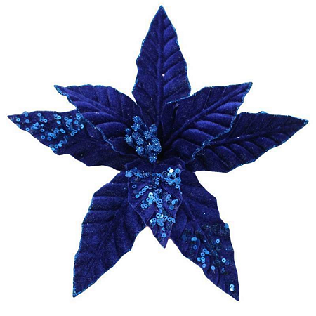 FLOR DE NATAL AVELUDADA AZUL 24CM CABO 20CM 129225