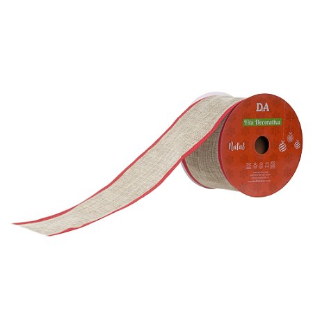 FITA DE NATAL ARAMADA TECIDO BEGE VERMELHO JUTA 6,3CMX9,14M 12718