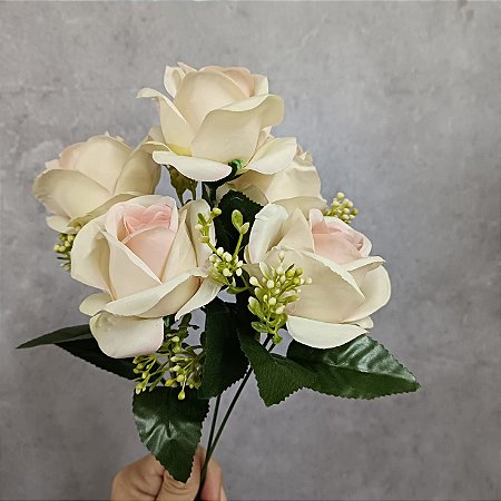 BUQUE DE ROSAS ARTIFICIAIS BULGARA 35CM X5 CREME E ROSA 129986