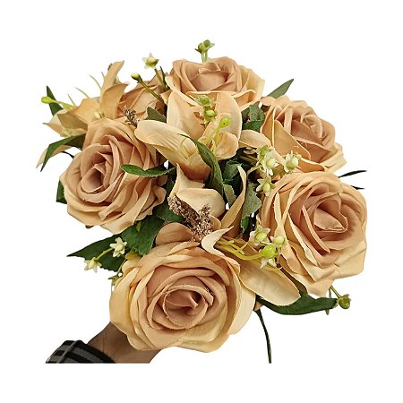 BUQUE MISTO ROSA E LIRIO 9 BOTOES 30CM CHÁ 129998