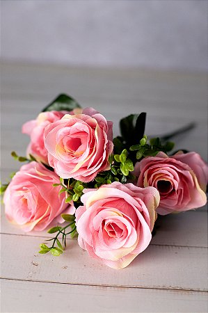 KIT ATACADO 10 BUQUE ROSA ARTIFICIAL C/5 BOTOES 39CM ROSA 130225