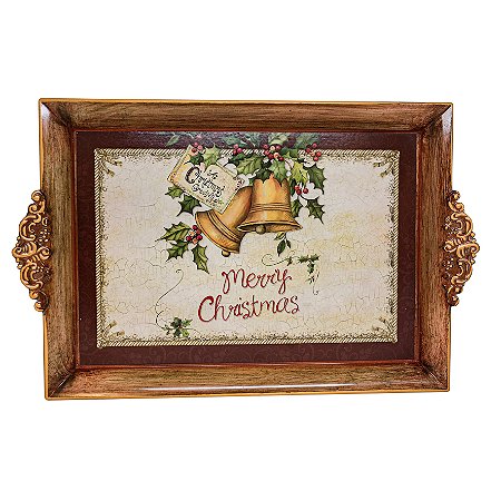 BANDEJA NATALINA MERRY CHRISTMAS COM MOLDURA DOURADA 39,5X28,5CM 130813