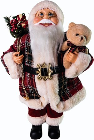 PAPAI NOEL DECORATIVO COM URSO E CASACO XADREZ VERMELHO 40CM