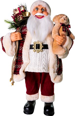 PAPAI NOEL DECORATIVO COM URSO E CASACO XADREZ VINHO 60CM