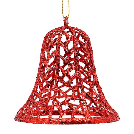 SINO DECORATIVO DE NATAL VAZADO COM GLITTER 9CM VERMELHO