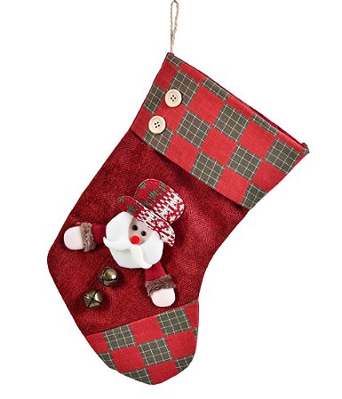 MEIA NATALINA PAPAI NOEL XADREZ 35CM VERMELHO E VERDE