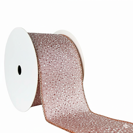 FITA NATALINA ARAMADA 6,3CM X 9,14M ROSA E BRANCA DECORADA 130925