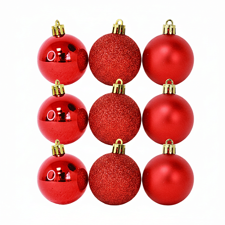 KIT BOLA NATALINA VERMELHA 6CM C/ 9 UNIDADES BRILHO FOSCO E GLITTER 130596