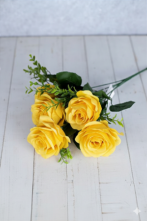 BUQUE DE ROSAS ARTIFICIAIS 5 BOTÕES AMARELO 39CM 131114