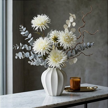 HASTE DE DALIA BRANCO COM FOLHAS 35CM 132137