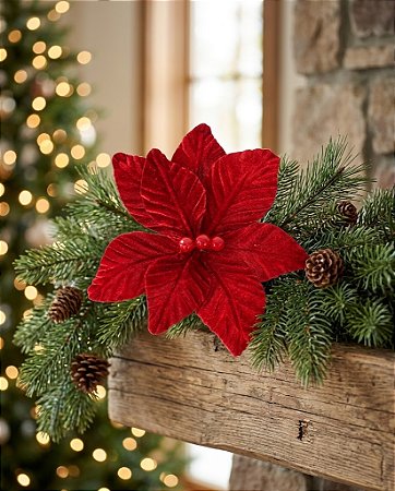 KIT 6 FLOR DE NATAL AVELUDADA VERMELHA 24CM CABO 30CM