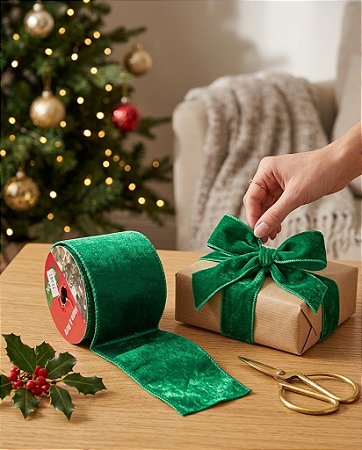 KIT 2 FITAS ARAMADA ENFEITE DE NATAL 6,3CMX9M AVELUDADA VERDE DUPLA FACE 13759