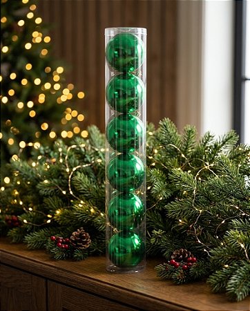 BOLA NATALINA METALIZADA JG/6 TUBO 10CM VERDE