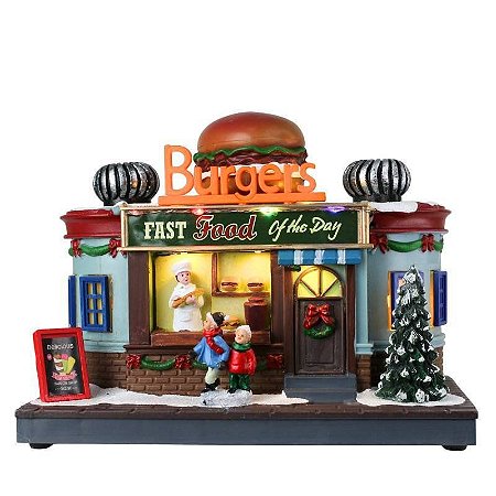 VILA DE NATAL LOJA DE HAMBURGER 15CM USB PILHA AMARELA