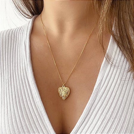 Colar Relicário Coração Folheado a Ouro e Prata