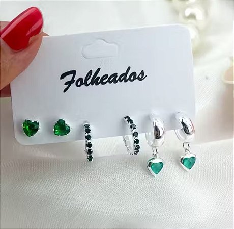 Brincos Trio de Argolas Trio Ponto de Luz Coração, Argola Cravejado e Argolinha Coração Prata Trio Ponto de Luz Coração, Argola Cravejado e Argolinha Coração Prata - Verde Esmeralda