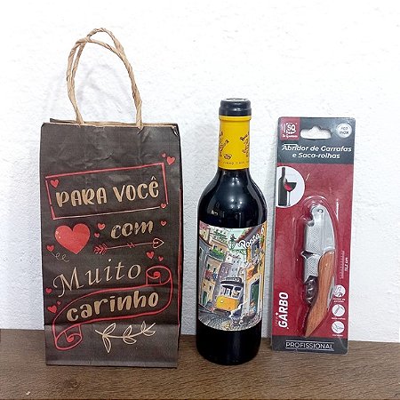 [Pronto Para Presentear] Porta 6 Meia Garrafa + Abridor Profissional + Sacola Kraft Mini