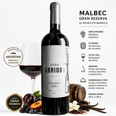 [Safra 2021] Vinho Tinto Argentino Malbec GRAN ABRIDOR Reserva