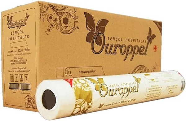 Lençol de Maca Descartável Hospitalar Ouroppel Premium Caixa Com 6 Rolos 70 cm x 50m 100% Celulose
