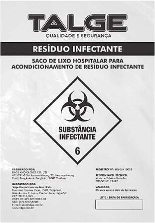 SACO PARA LIXO HOSPITALAR INFECTANTE COM 100 UNIDADES