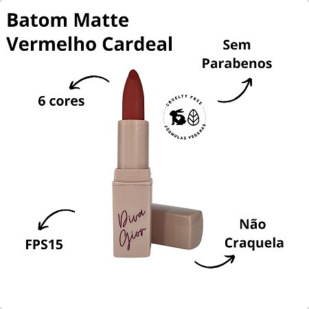 Batom Bala Matte Diva Gior Vermelho Cardeal 3,5g Vegano Clássico e de Longa Duração