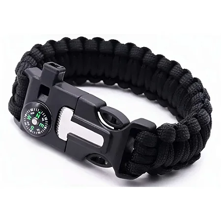 Pulseira Paracord Preta Bússula Faca Apito Pederneira Militar