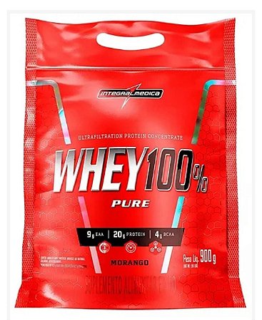 Suplemento em pó integralmedica Whey 100% pure sabor Morango em sache 900g