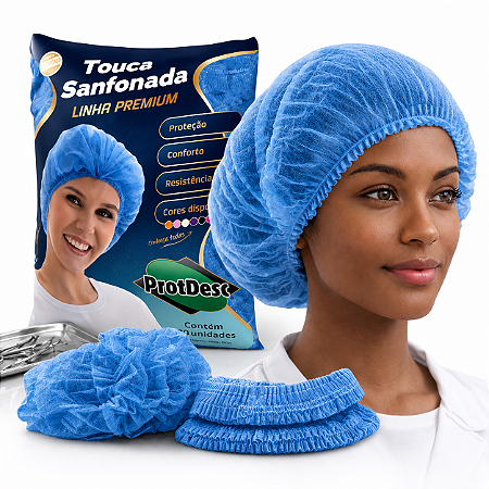 Touca Sanfonada Azul TNT Luxo Descartável c/ 100 unidades
