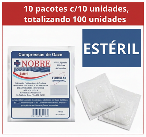 100 Compressa Gaze Estéril 13 Fios Nobre Kit 10 Pct C/ 10und