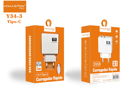 Carregador 2 Usb Turbo Para Celular Tipo C H'maston Y34-3