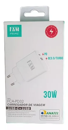 Carregador Turbo 30W Tipo C FAM Prime FCA-PD30 Branco