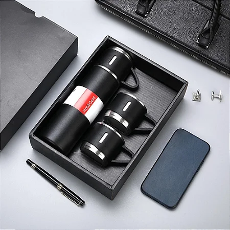 Garrafa de Água Café Térmica Squeeze com 2 Canecas 500 ml Vacuum Flask Preta 7893524642893