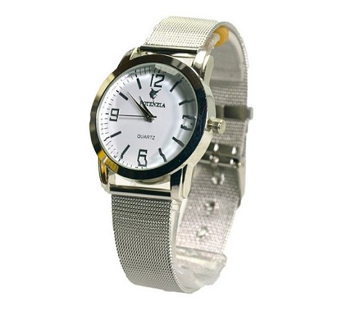 Relógio Feminino Potenzia Pulseira em malha Aço Inox Prata e Preto
