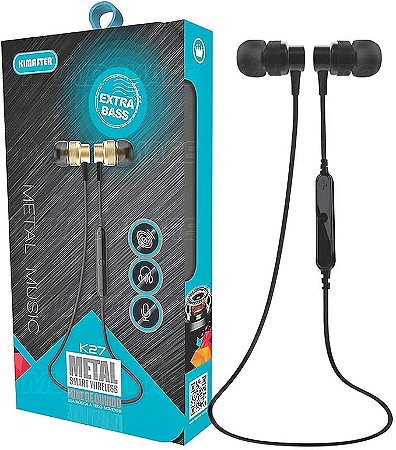 Fone de Ouvido Bluetooth Metal Smart Wireless Kimaster K27 Extra Bass com Microfone Embutido Preto