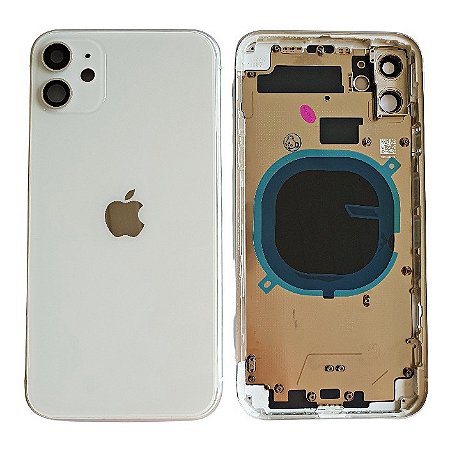 Carcaça Aro completo com componentes ( gaveta de chip, vibra call, câmeras, flats de carga e falantes) iPhone 11 Branco