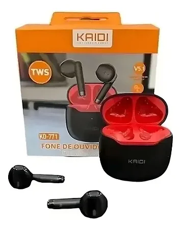 Fone Bluetooth 5.1 Tws Kaidi Kd771 Com Áudio Estável Preto Com Vermelho