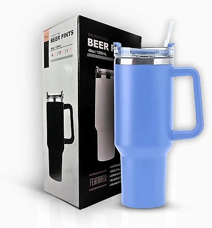 Garrafa Caneta Térmica Stanley Beer Pint Em Aço Inoxidável Com Tampa E Canudo 1200Ml Azul