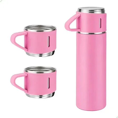 Garrafa De Água Café Térmica Squeeze Com 2 Canecas 500 Ml Vacuum Flask Rosa Choque