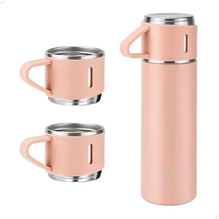 Garrafa De Água Café Térmica Squeeze Com 2 Canecas 500 Ml Vacuum Flask Rosa Claro