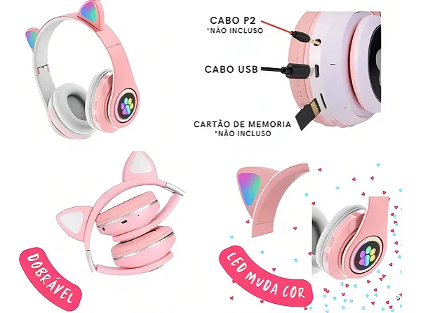 Headphone Bluetooth Altomex B19H Infantil Rgb Com Design Divertido E Seguro Rosa