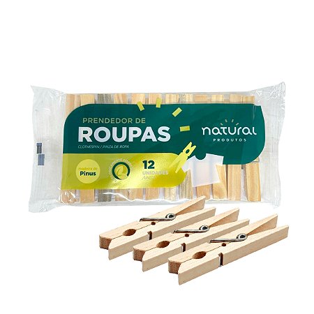 Prendedor de roupa de madeira Pacote c/ 12 Und - Natural