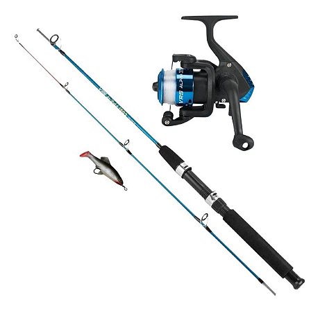 Kit Pesca Azul 3 Peças Vara 12 Libras 1,35 Metros Molinete 3 Rolamentos Isca