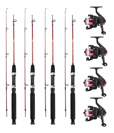 Kit Pesca Vermelho 12 Peças 4 Molinetes 4 Varas 10-20 Libras 4 Linhas